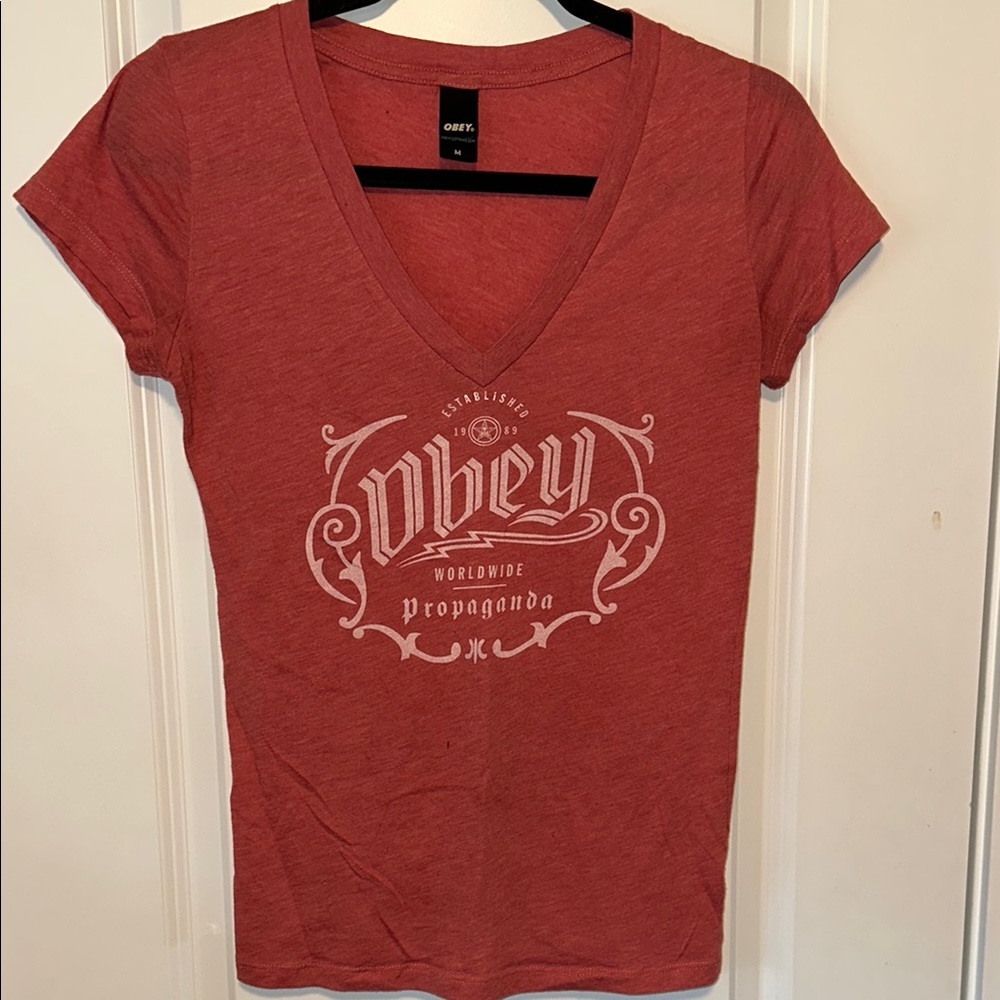 Obey Women's Red V-Neck Graphic Tee